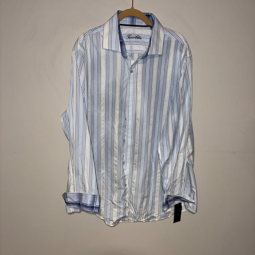 NWT Tasso Elba Mens XL Blue White Striped Long Sleeve Dress Shirt Contrast